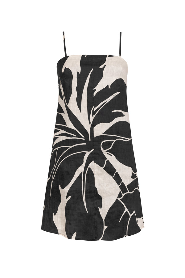 'KU' Linen Mini Dress - Black Print