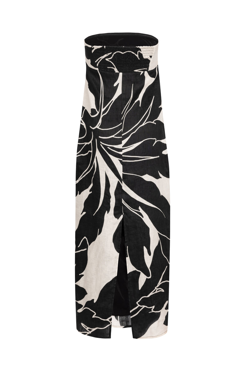 'Bonita' Strapless Linen Dress - Black Print