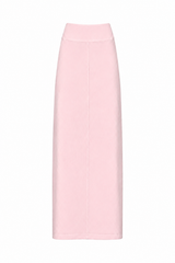 A light pink, high-waisted midi skirt with a straight silhouette and a central seam, shown flat against a solid white background.