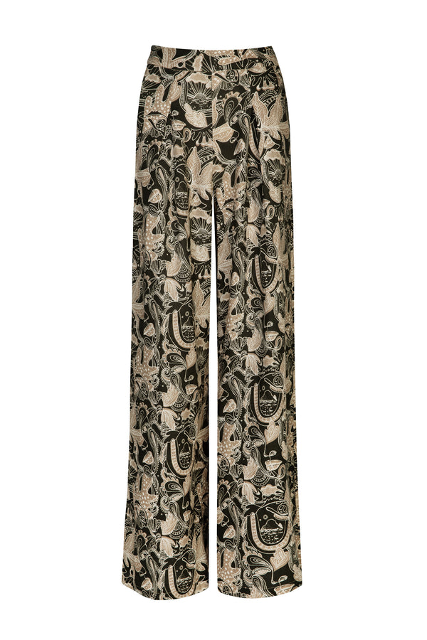 olive printed linen wide leg trousers